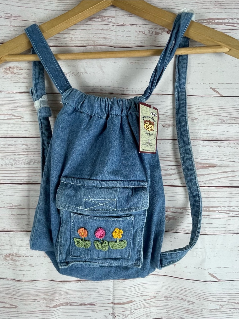 Vintage Route 66 denim mini backpack colorful embroidered flowers Pocket NEW